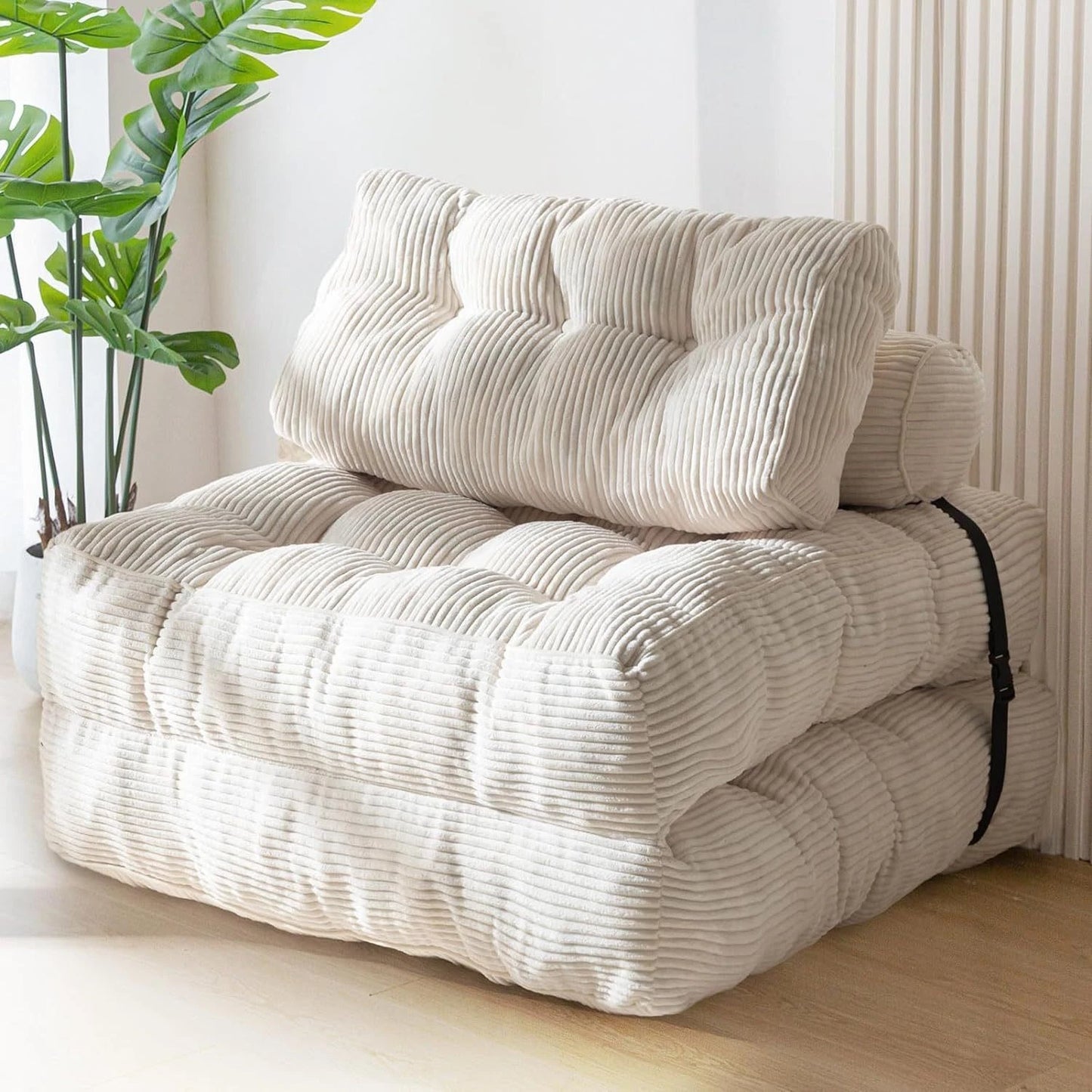 Convertible Folding Floor Sofa Chair Corduroy Lazy Sofa Bed with Pillow Beige
