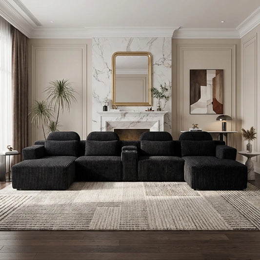 Modern Modular Corduroy Sectional Sofa U Shape Deep Seat Upholstered Living Room Couch Black 5 Seater