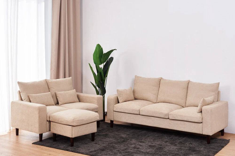 Modern 2 Piece Living Room Sofa Set 3 Seater Loveseat with Ottoman Beige Upholstered Fabric Couch