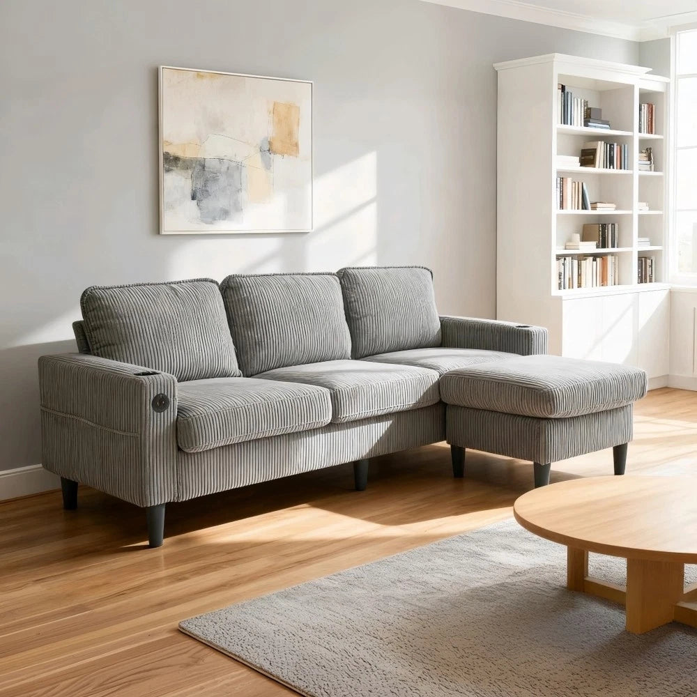 Modern 3 Seater Corduroy Sectional Sofa Couch w/ Ottoman L Shape Living Room
